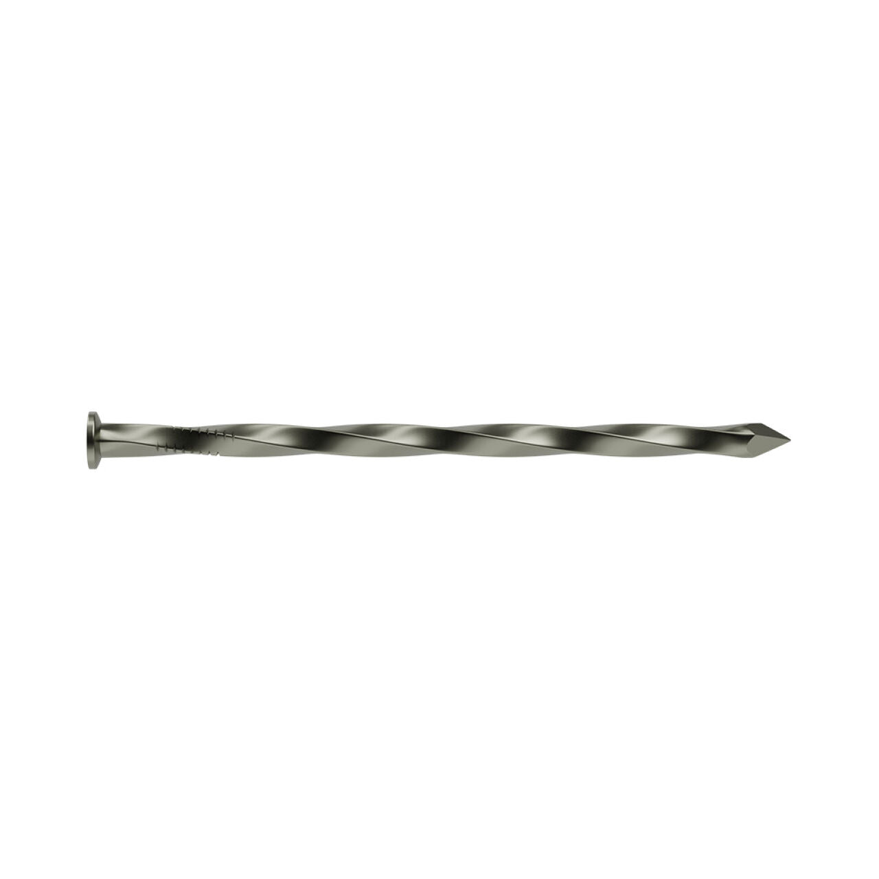 A single #11 x 2-1/2 in. Hot Galvanized Spiral Shank Nail from Go Build is isolated on a white background. With rust and corrosion resistance, it provides increased grip and stability for exterior construction or woodworking use.